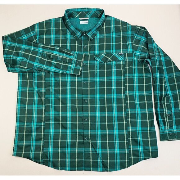 Colmbia Size 3X Mens Green Check Omni Shade Back Vent Logo Tag Polyester Shirt - Picture 1 of 12